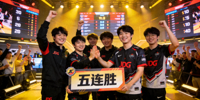JDG战队庆祝五连胜的现场画面，选手们笑容满面