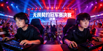 无畏契约冠军赛决赛现场，舞台灯光璀璨，选手激烈对抗