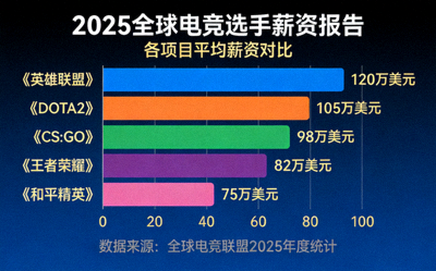 2025全球电竞选手薪资报告封面图表，显示各项目平均薪资对比