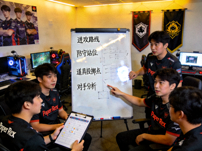 Paper Rex战队在新加坡训练基地进行战术讨论，白板上写满战术
