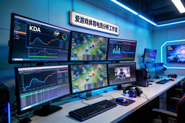 爱游戏体育电竞分析工作室内部环境，多块屏幕显示不同赛事数据与直播画面