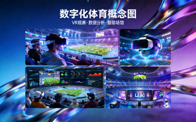 数字化体育概念图，包含VR观赛、数据分析界面和智能场馆元素