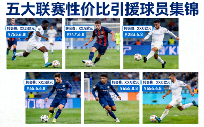 五大联赛性价比引援球员集锦图，包含球员赛场英姿与转会费数据标签