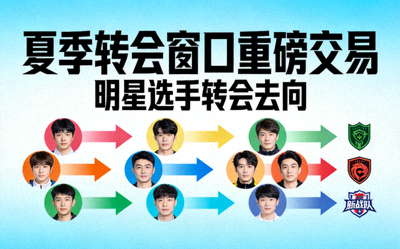 夏季转会窗口重磅交易示意图，多名明星选手头像与转会箭头指向新战队